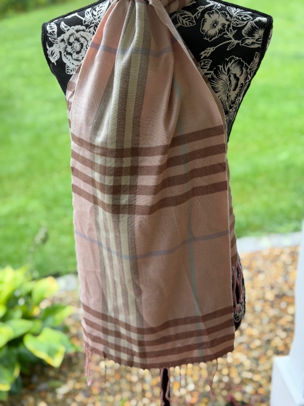 Vintage 100% Cashmere Scarf Made in Scotland Pink Taupe Plaid Fringe